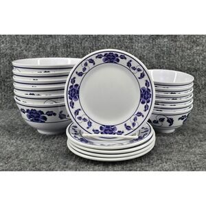 Tar-Hong Melamine Dinnerware Set 17pc White Blue Floral Bowls and Dessert Plates